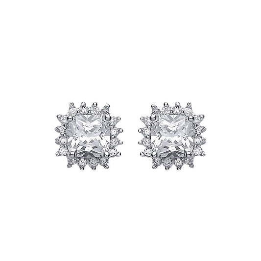 Silver  Round & Cushion CZ Spikey Halo Solitaire Stud Earrings - AES137