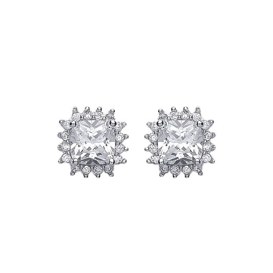 Silver  Round & Cushion CZ Spikey Halo Solitaire Stud Earrings - AES137
