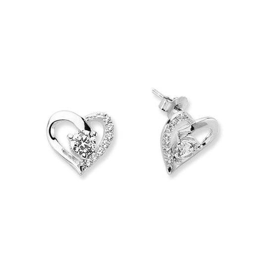 Silver  CZ Love Heart Solitaire Pave Edge Stud Earrings - AES138