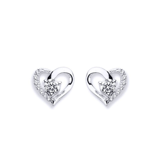 Silver CZ Love Heart Solitaire Pave Edge Stud Earrings - AES138