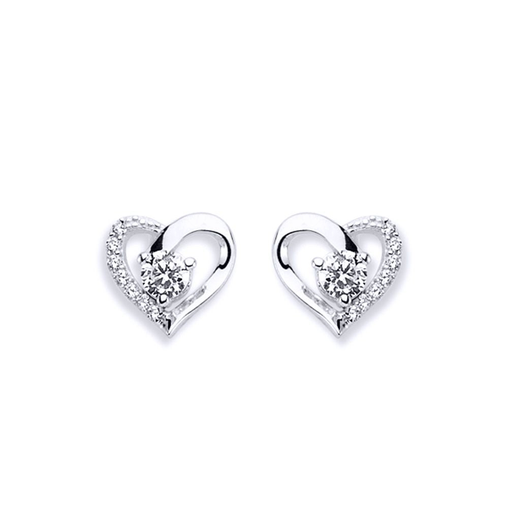 Silver  CZ Love Heart Solitaire Pave Edge Stud Earrings - AES138