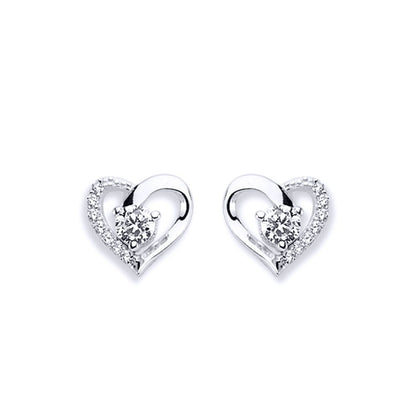 Silver  CZ Love Heart Solitaire Pave Edge Stud Earrings - AES138