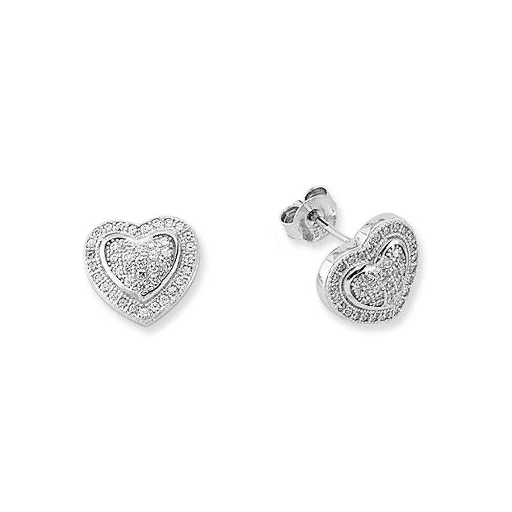 Sterling Silver  CZ Love Heart Domed Pillow Stud Earrings - AES139