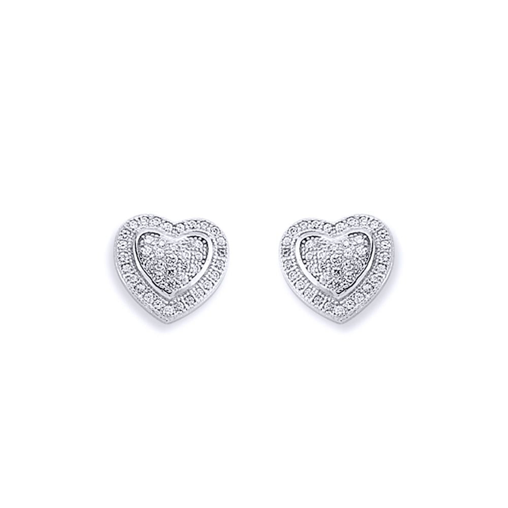 Sterling Silver  CZ Love Heart Domed Pillow Stud Earrings - AES139