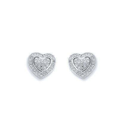 Sterling Silver  CZ Love Heart Domed Pillow Stud Earrings - AES139