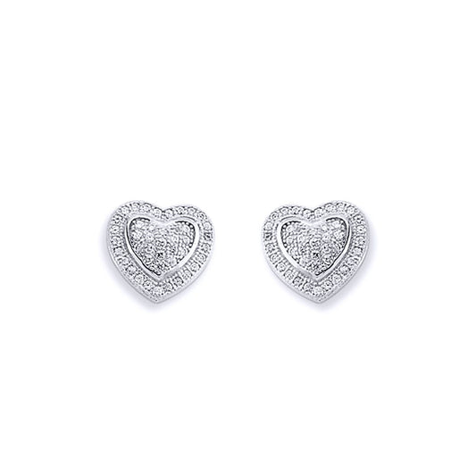 Sterling Silver  CZ Love Heart Domed Pillow Stud Earrings - AES139