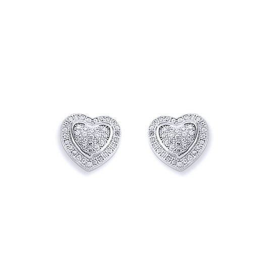 Sterling Silver  CZ Love Heart Domed Pillow Stud Earrings - AES139