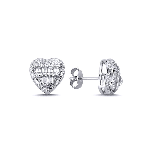 Sterling Silver  Baguette CZ Tiered Love Heart Stud Earrings 10mm - AES140