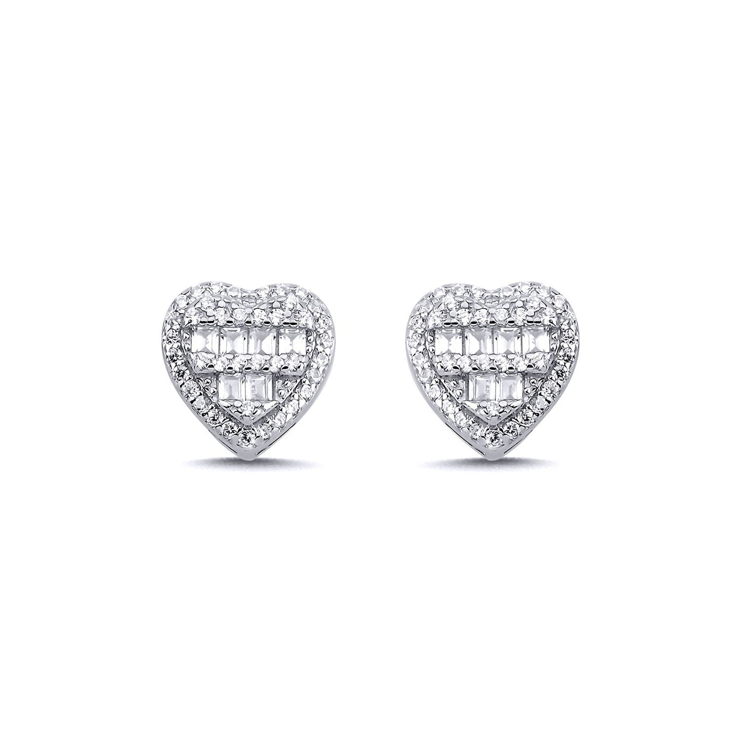 Sterling Silver  Baguette CZ Tiered Love Heart Stud Earrings 10mm - AES140