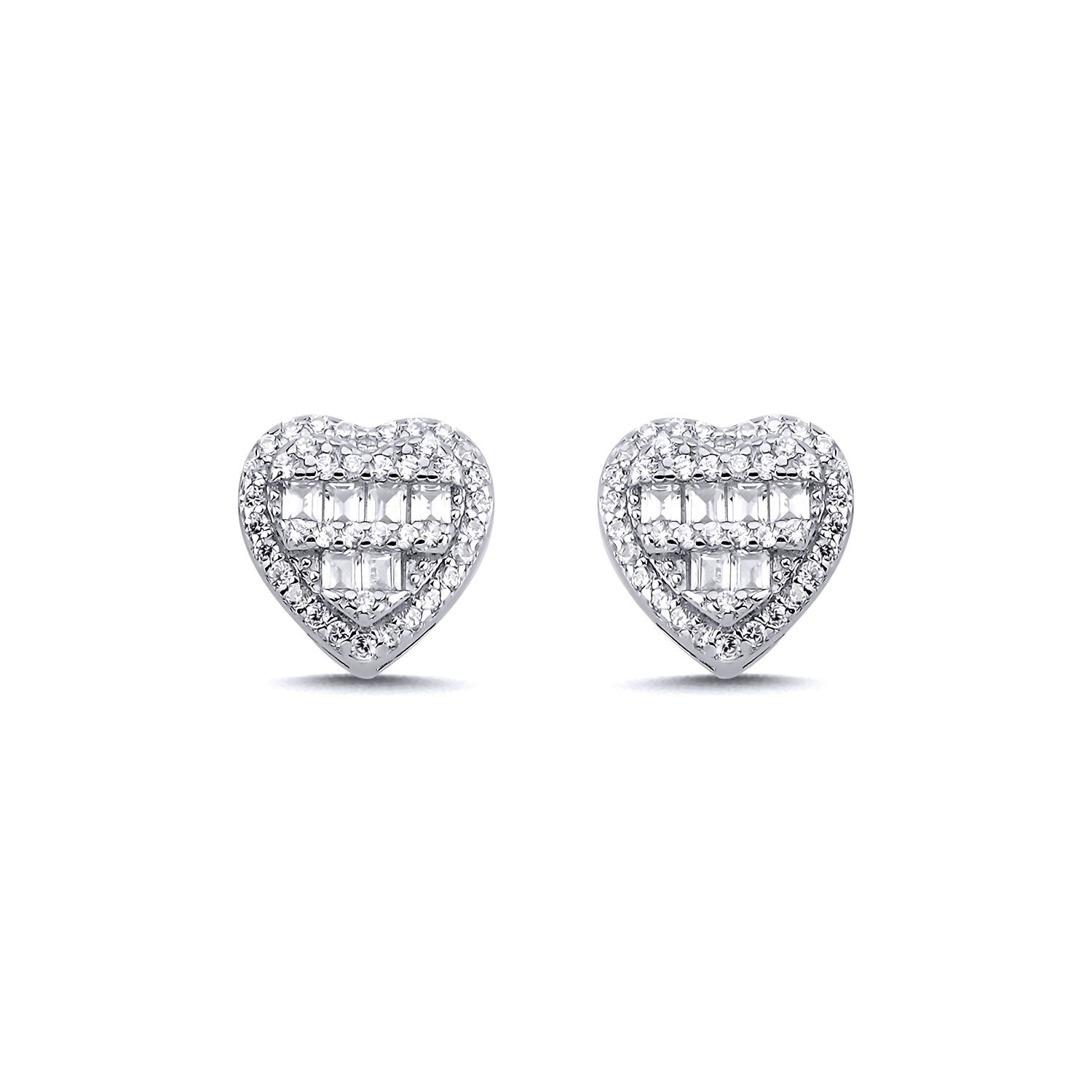 Sterling Silver  Baguette CZ Tiered Love Heart Stud Earrings 10mm - AES140