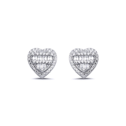Sterling Silver  Baguette CZ Tiered Love Heart Stud Earrings 10mm - AES140