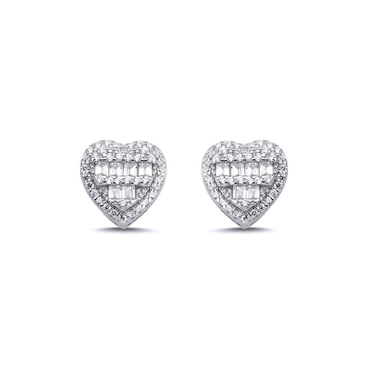 Sterling Silver  Baguette CZ Tiered Love Heart Stud Earrings 10mm - AES140