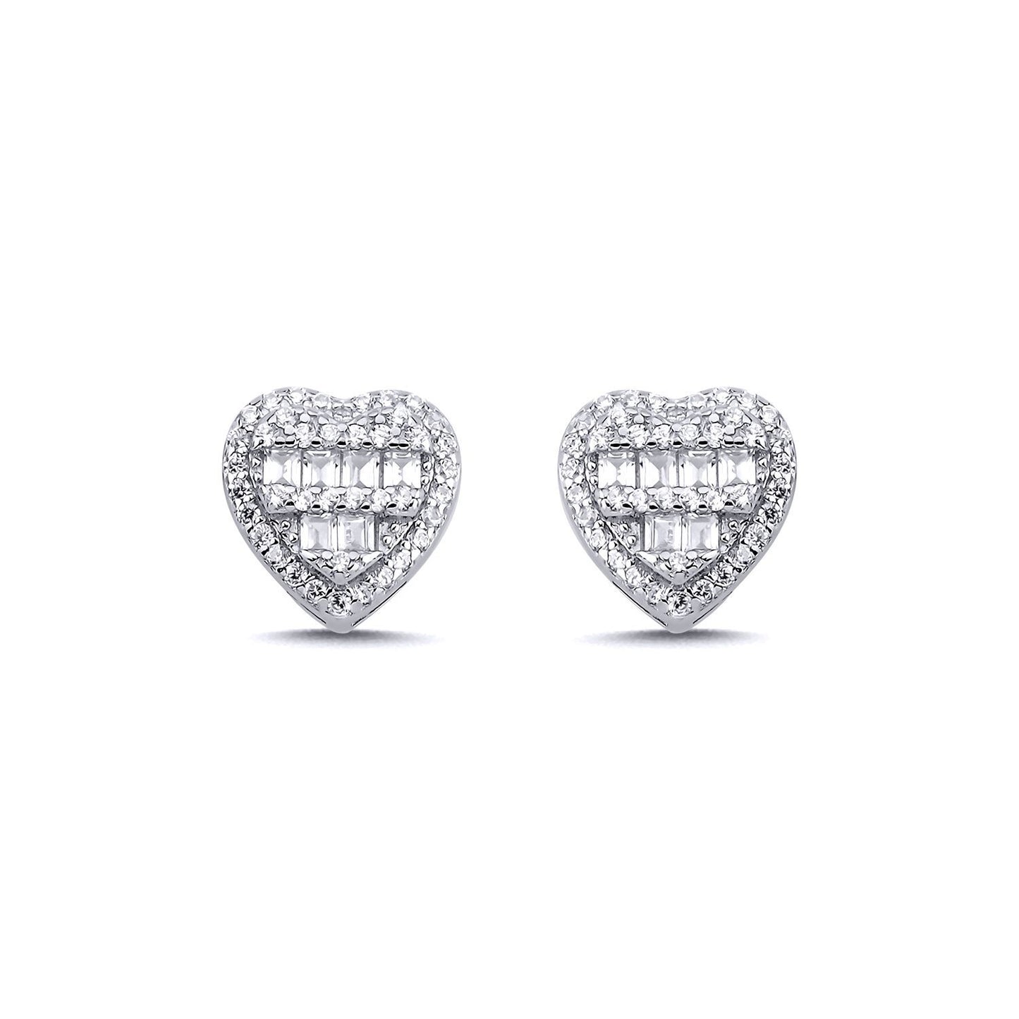 Sterling Silver  Baguette CZ Tiered Love Heart Stud Earrings 10mm - AES140