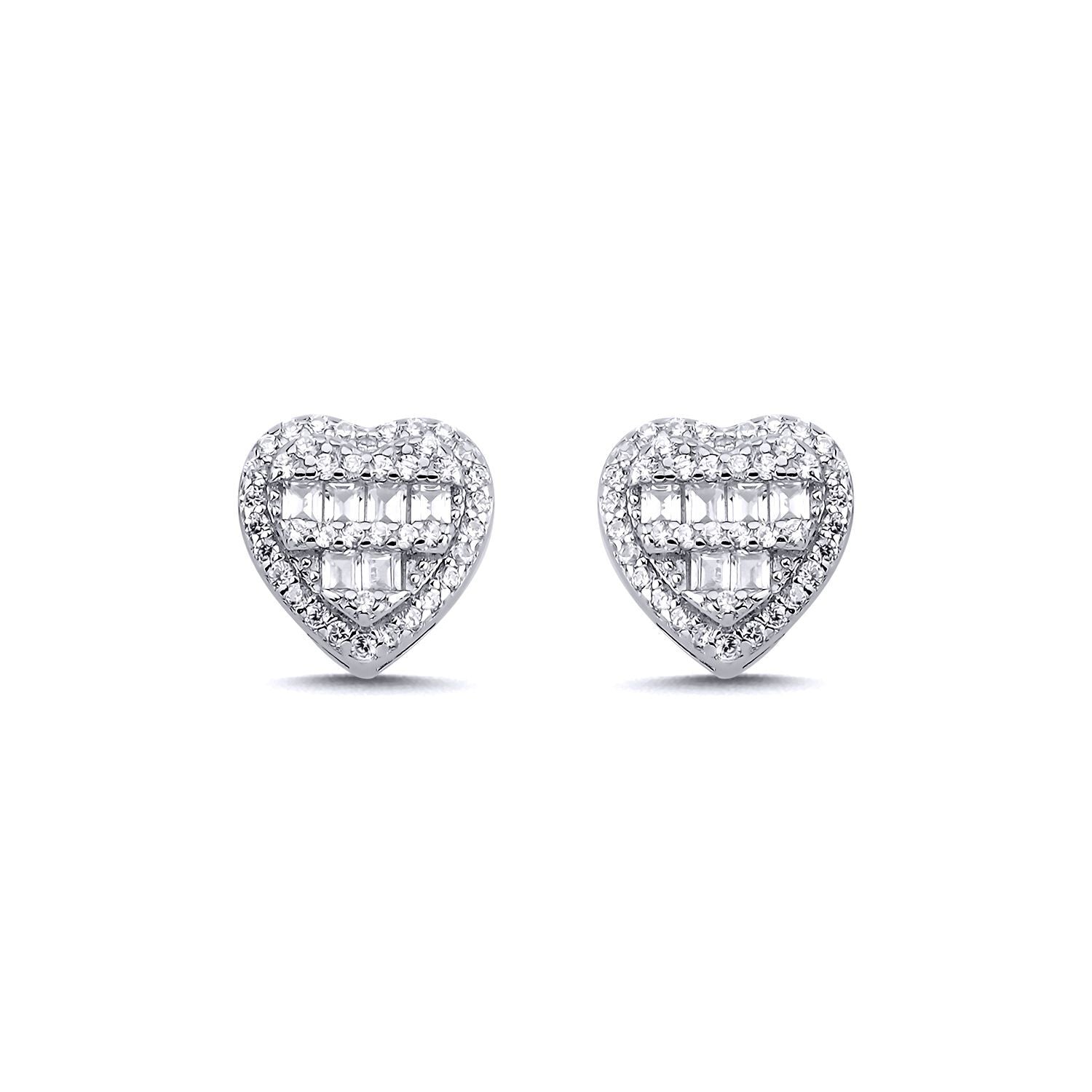 Sterling Silver  Baguette CZ Tiered Love Heart Stud Earrings 10mm - AES140