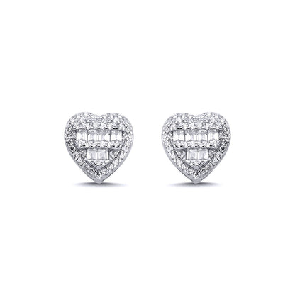 Sterling Silver  Baguette CZ Tiered Love Heart Stud Earrings 10mm - AES140