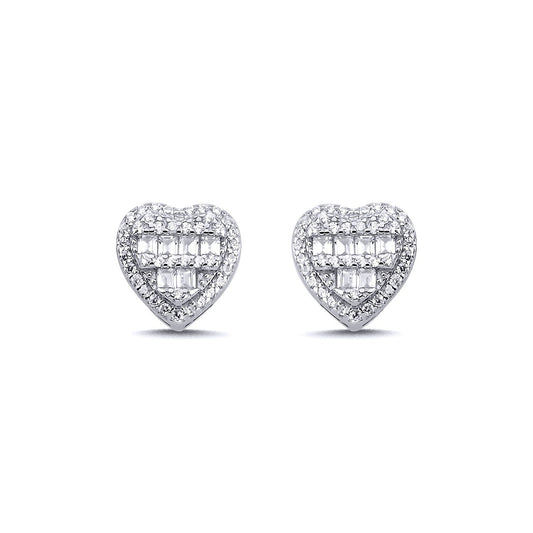 Sterling Silver  Baguette CZ Tiered Love Heart Stud Earrings 10mm - AES140
