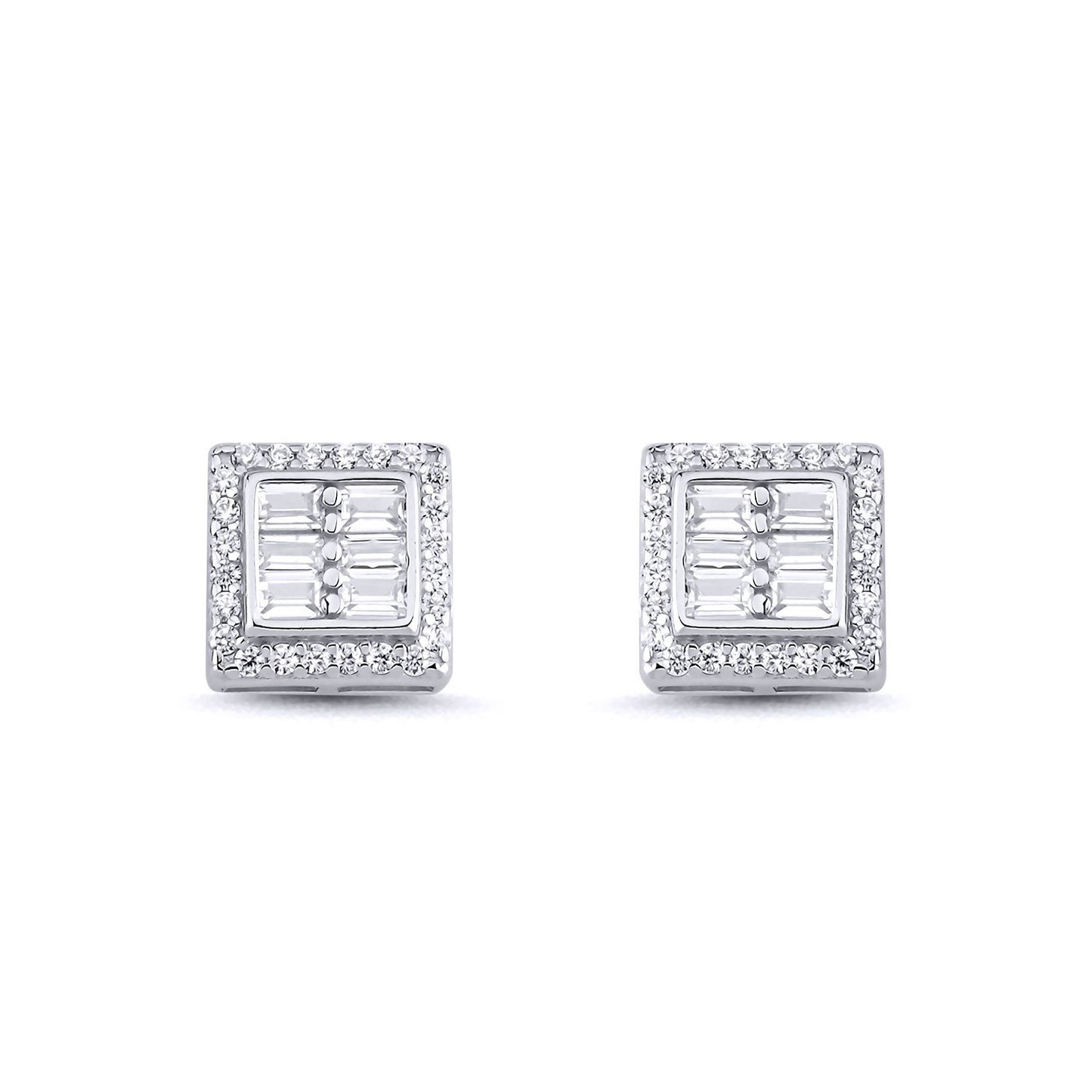 Sterling Silver  Baguette CZ Square Window Stud Earrings 10mm - AES141