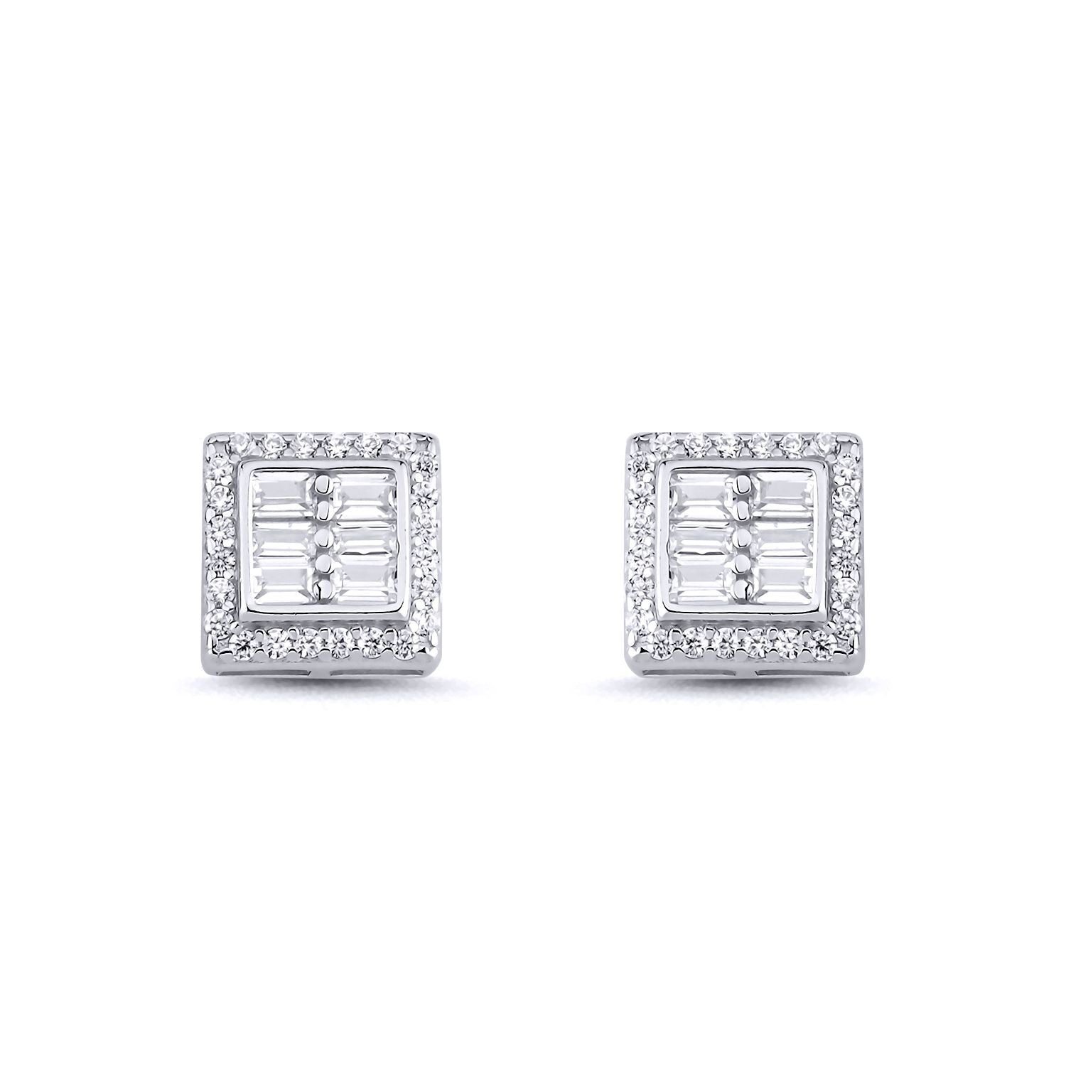 Sterling Silver  Baguette CZ Square Window Stud Earrings 10mm - AES141