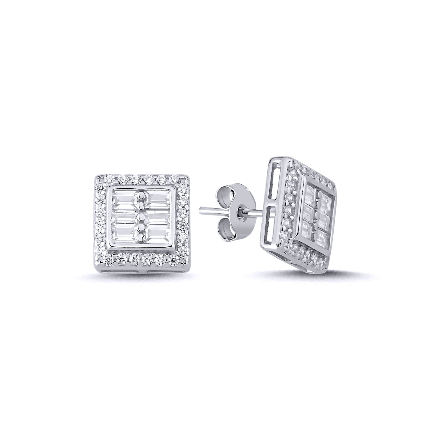 Sterling Silver  Baguette CZ Square Window Stud Earrings 10mm - AES141