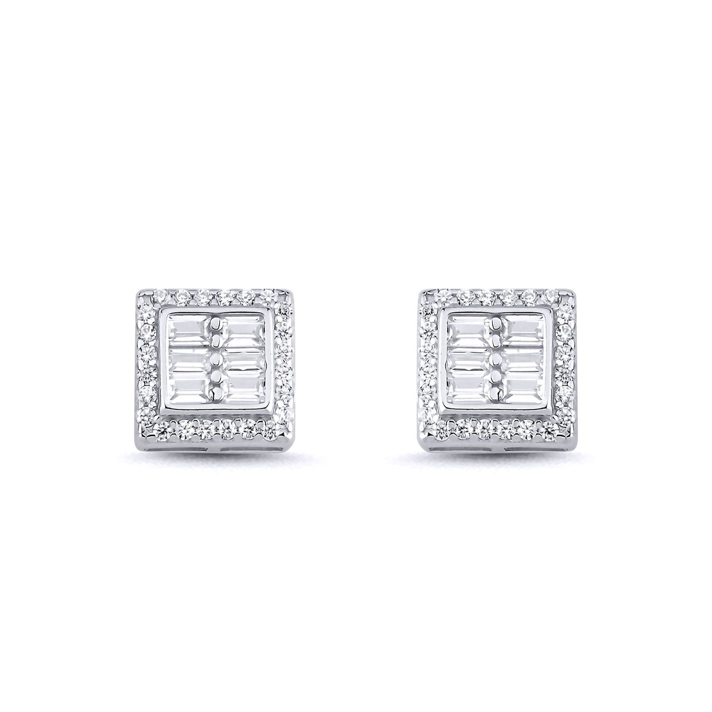 Sterling Silver  Baguette CZ Square Window Stud Earrings 10mm - AES141