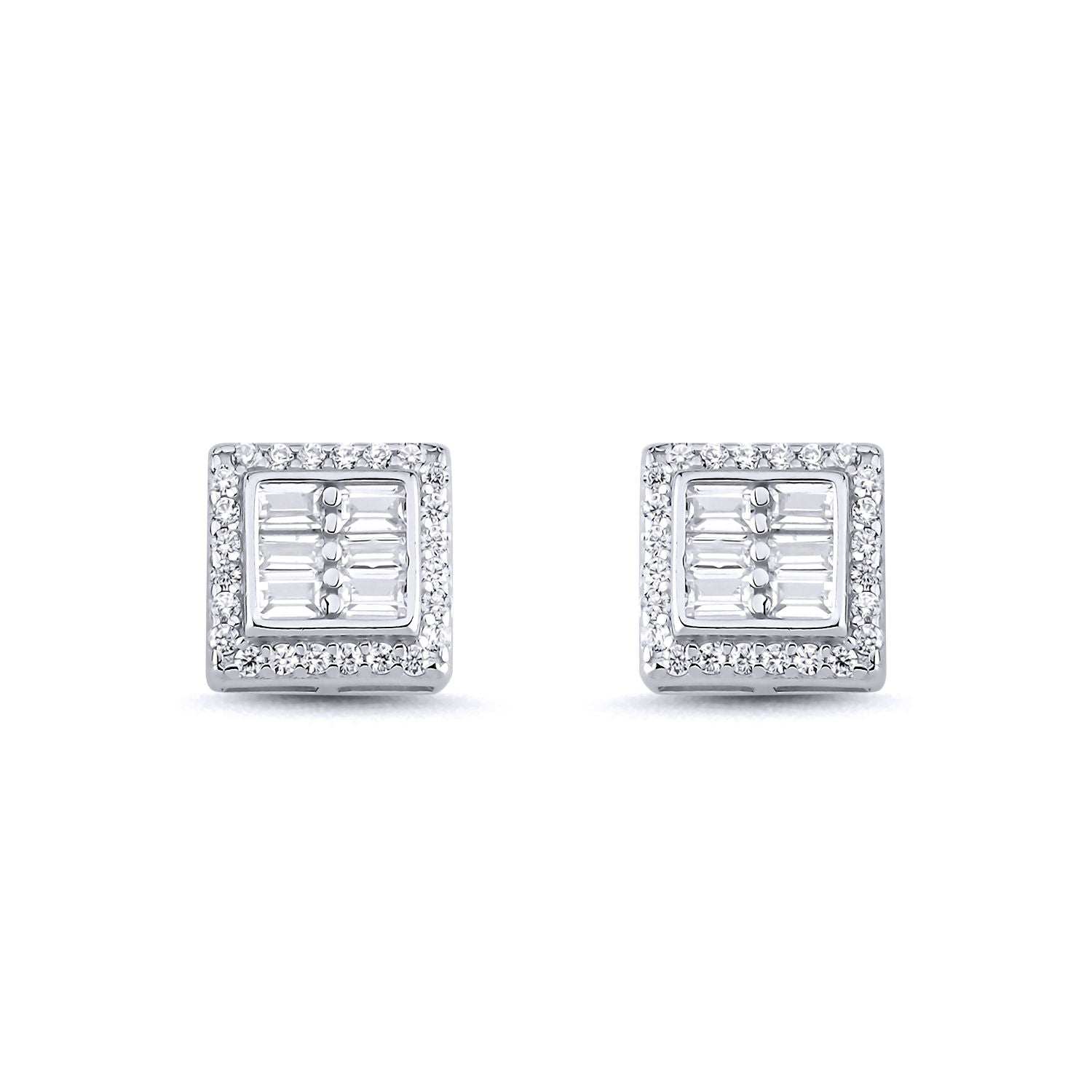 Sterling Silver  Baguette CZ Square Window Stud Earrings 10mm - AES141