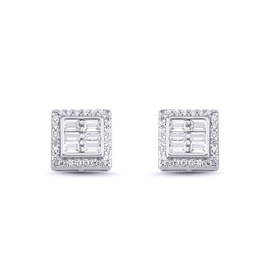 Sterling Silver  Baguette CZ Square Window Stud Earrings 10mm - AES141