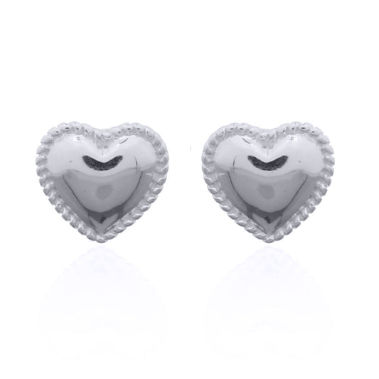 Silver  Rope Edge Domed Puffy Love Heart Stud Earrings - AES142