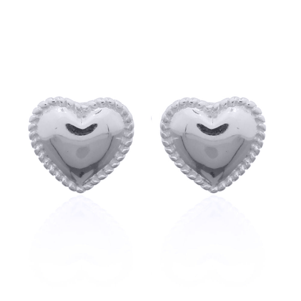 Silver  Rope Edge Domed Puffy Love Heart Stud Earrings - AES142