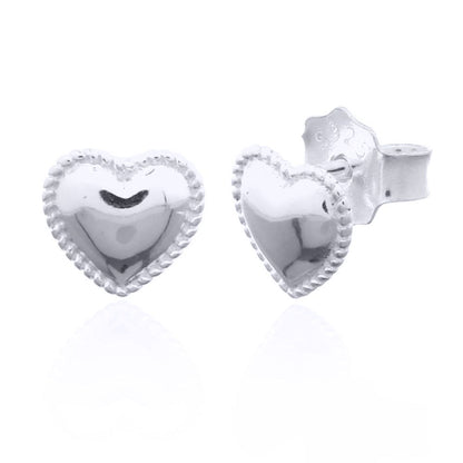 Silver  Rope Edge Domed Puffy Love Heart Stud Earrings - AES142