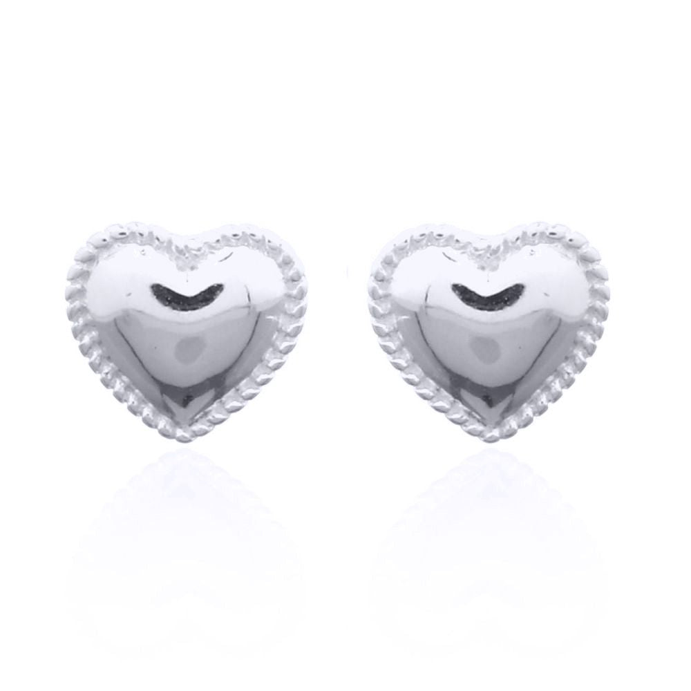 Silver  Rope Edge Domed Puffy Love Heart Stud Earrings - AES142