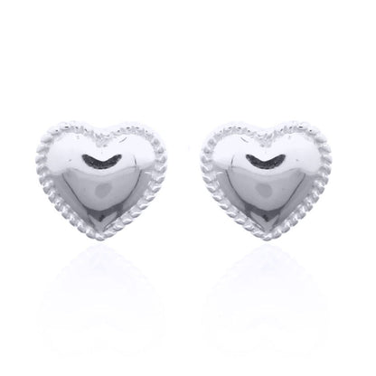 Silver  Rope Edge Domed Puffy Love Heart Stud Earrings - AES142