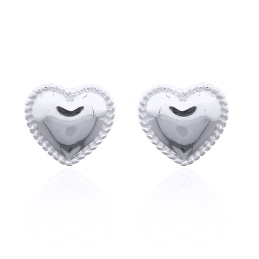 Silver  Rope Edge Domed Puffy Love Heart Stud Earrings - AES142
