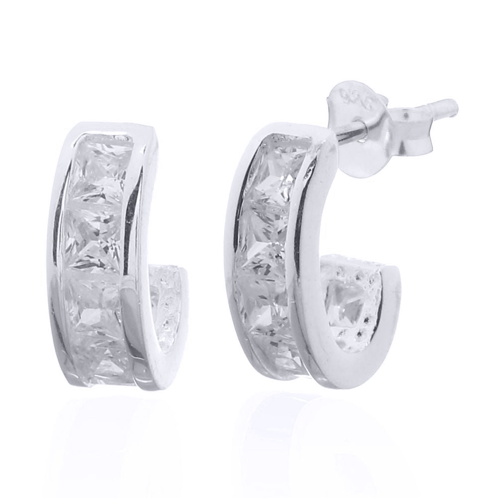 Silver  Princess CZ Channel Set Eternity Half Hoop Stud Earrings - AES145