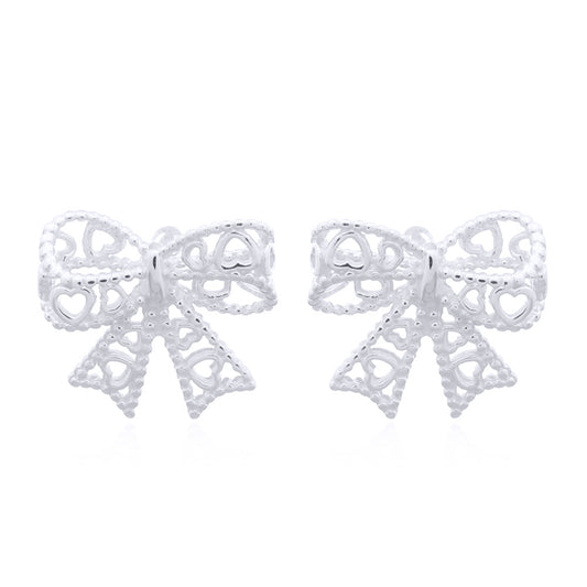 Silver  Love Heart Bow Tie Ribbon Stud Earrings - AES147