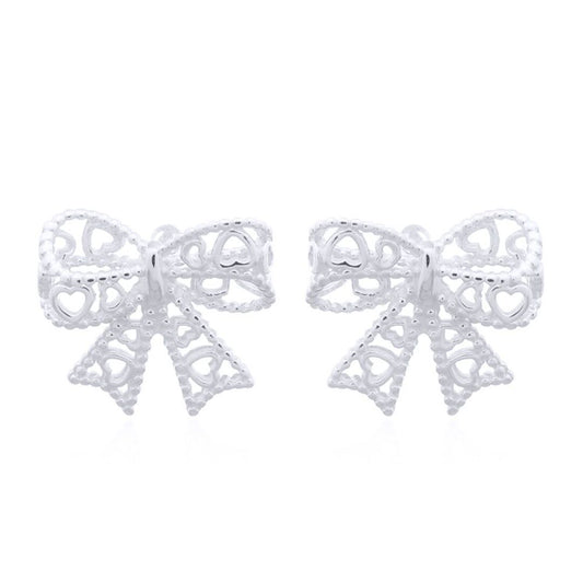 Silver  Love Heart Bow Tie Ribbon Stud Earrings - AES147