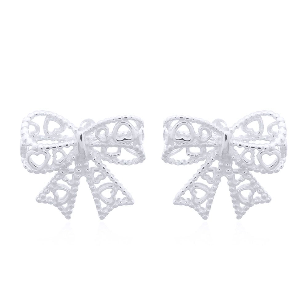 Silver  Love Heart Bow Tie Ribbon Stud Earrings - AES147