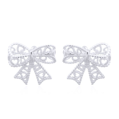 Silver  Love Heart Bow Tie Ribbon Stud Earrings - AES147