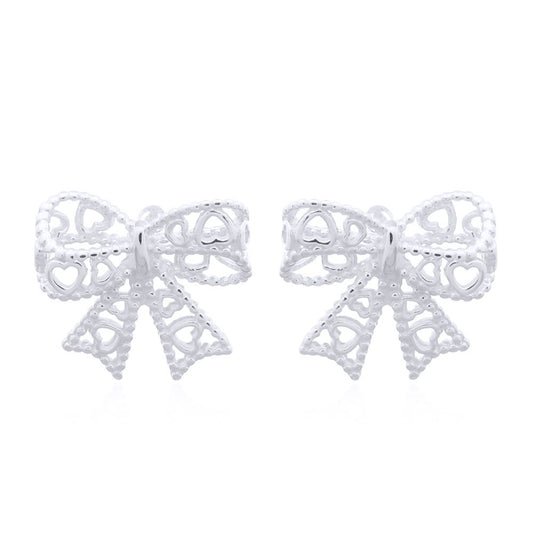 Silver  Love Heart Bow Tie Ribbon Stud Earrings - AES147
