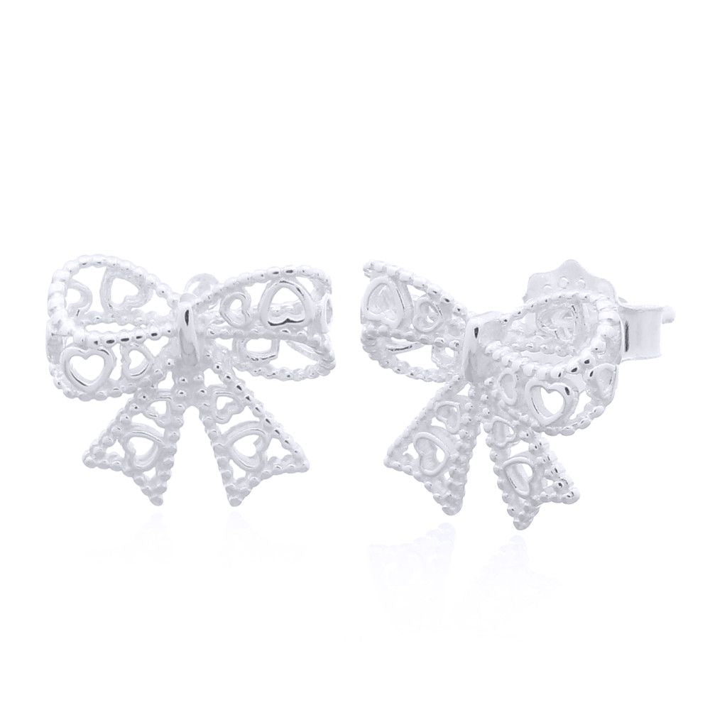 Silver  Love Heart Bow Tie Ribbon Stud Earrings - AES147