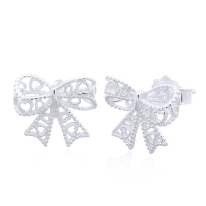 Silver  Love Heart Bow Tie Ribbon Stud Earrings - AES147