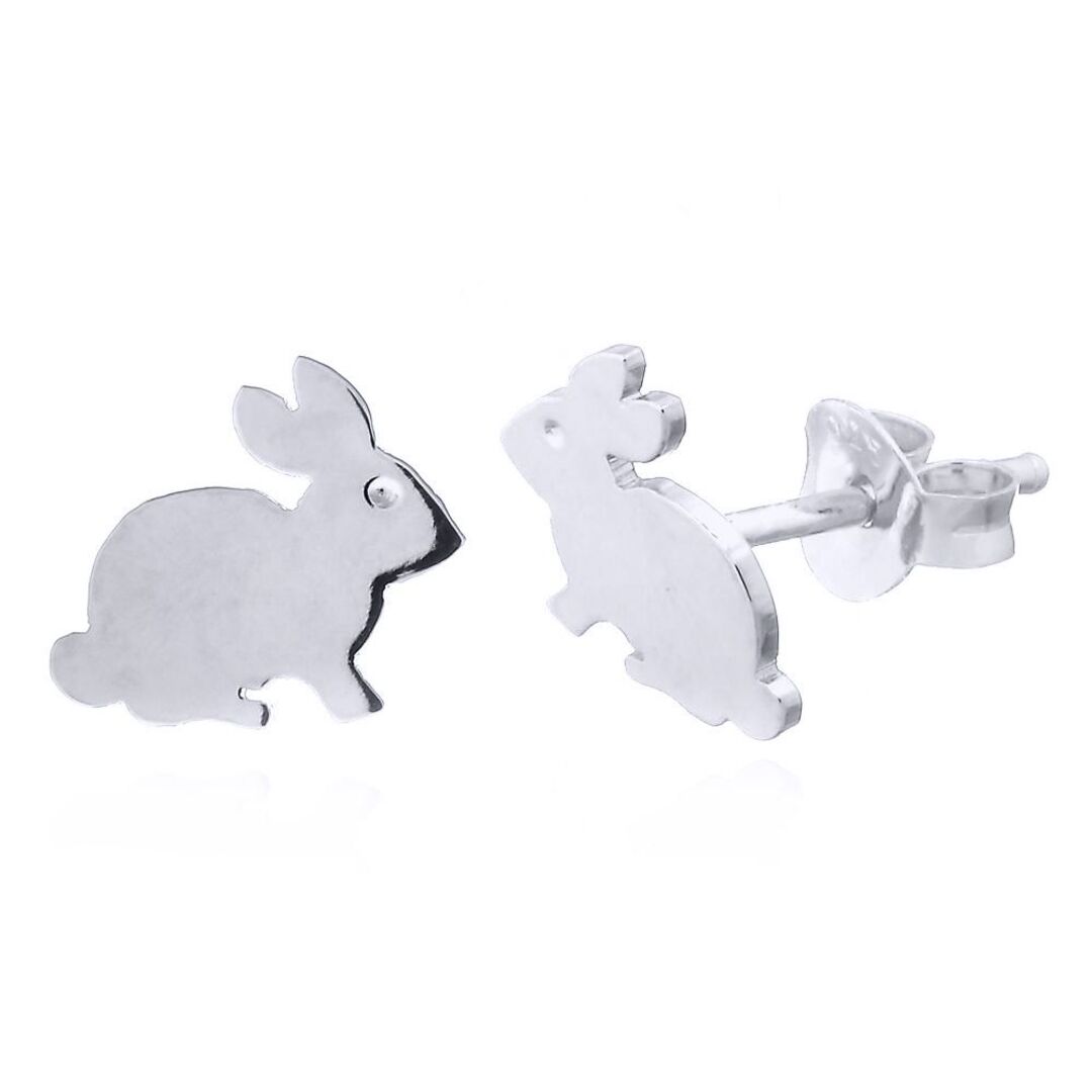 Silver  Fluffy White Bunny Rabbit Stud Earrings - AES148