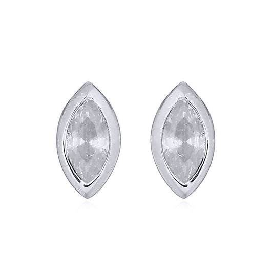 Silver  White Marquise CZ Cats Eyes Bezel Solitaire Stud Earrings - AES153