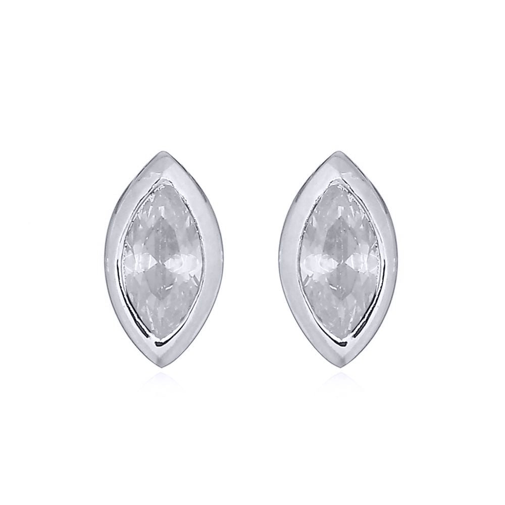 Silver  White Marquise CZ Cats Eyes Bezel Solitaire Stud Earrings - AES153