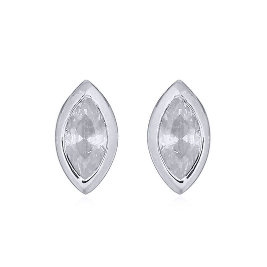 Silver  White Marquise CZ Cats Eyes Bezel Solitaire Stud Earrings - AES153