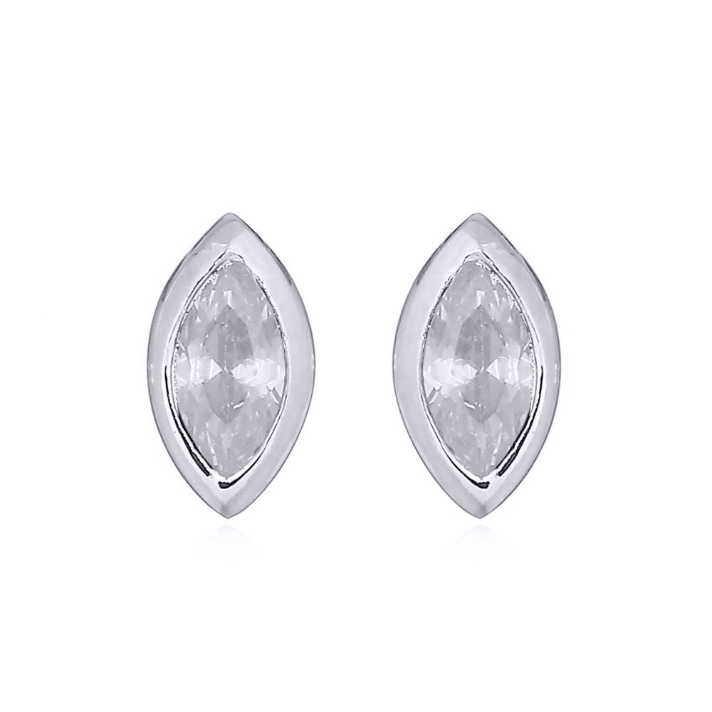 Silver  White Marquise CZ Cats Eyes Bezel Solitaire Stud Earrings - AES153