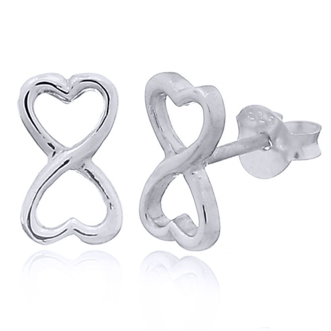 Silver  Love Heart Infinity Figure 8 Bow tie Stud Earrings - AES154