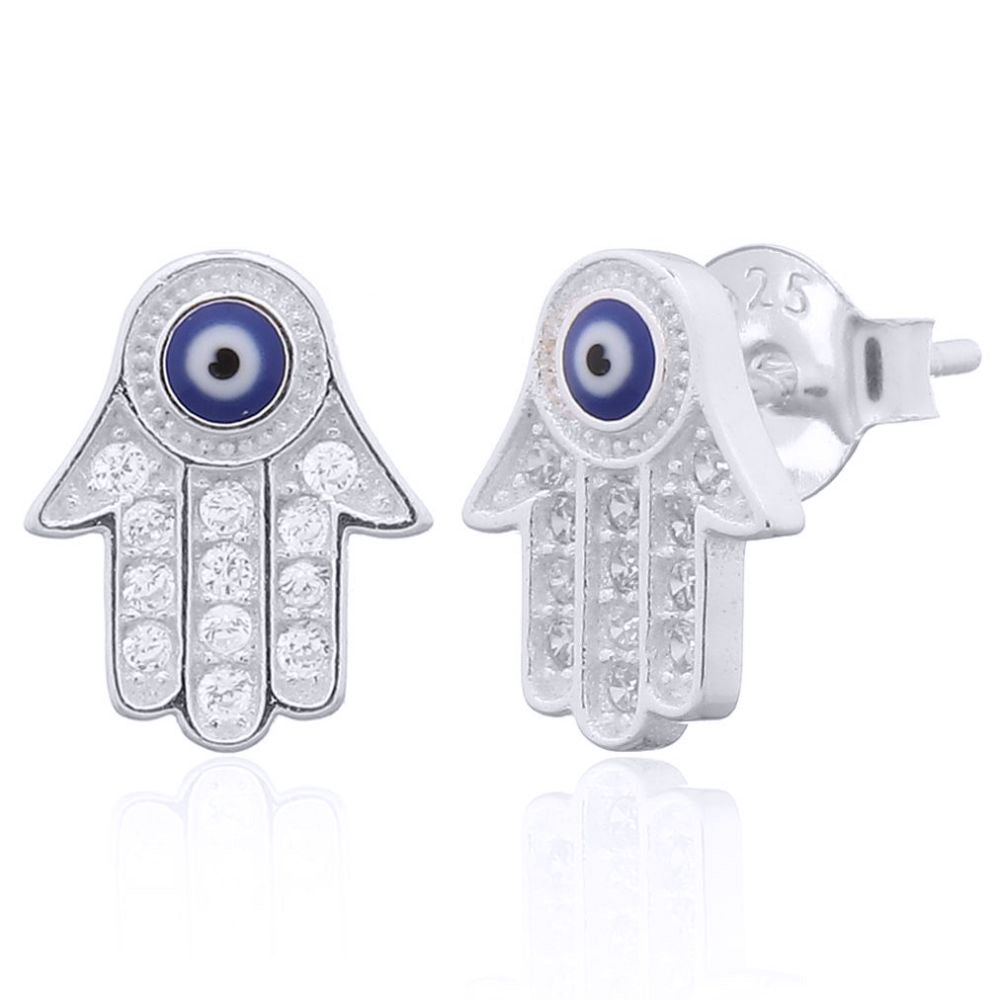 Silver  Round CZ Anti Evil Eye Beaded Hamsa 5 Hand Stud Earrings - AES156