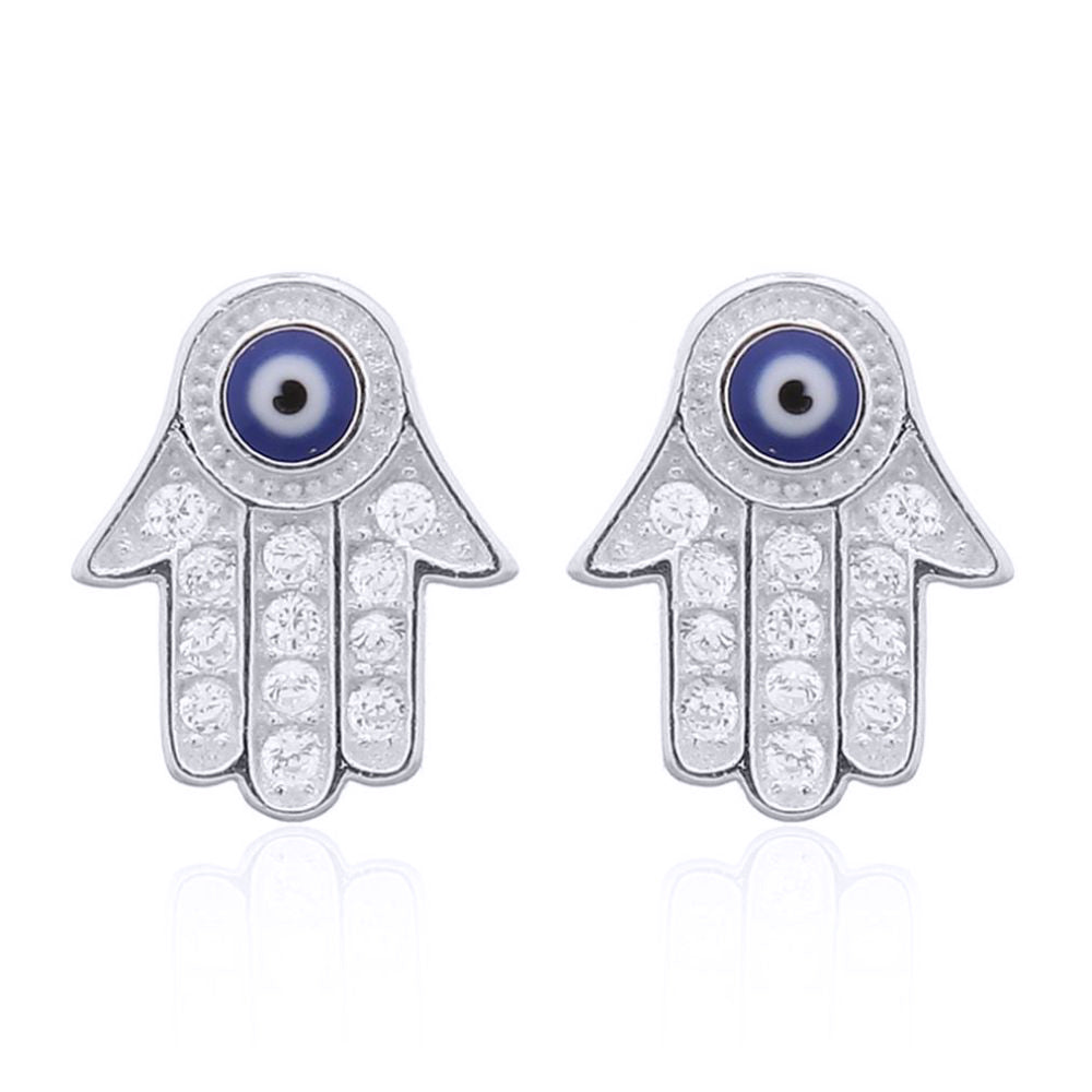 Silver  Round CZ Anti Evil Eye Beaded Hamsa 5 Hand Stud Earrings - AES156