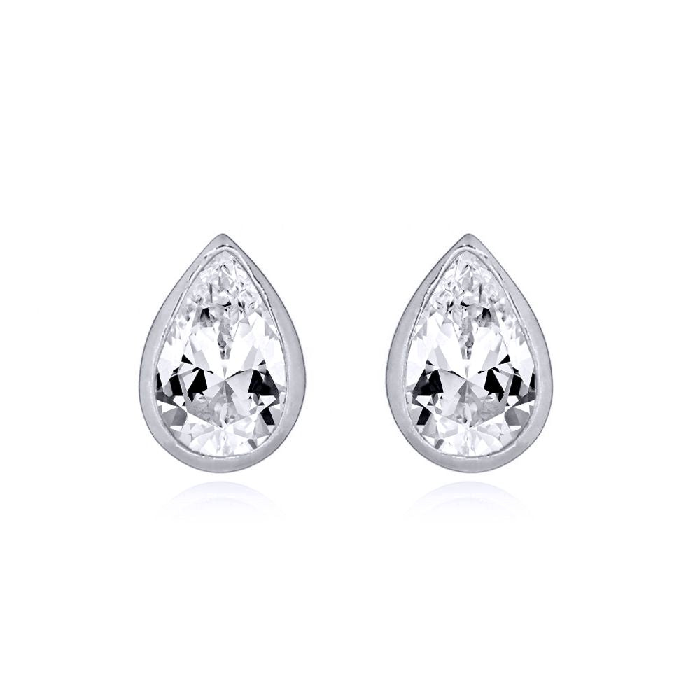 Silver  White Pear CZ Bezel Solitaire Tears of Joy Drop Earrings - AES157