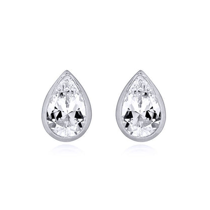 Silver  White Pear CZ Bezel Solitaire Tears of Joy Drop Earrings - AES157